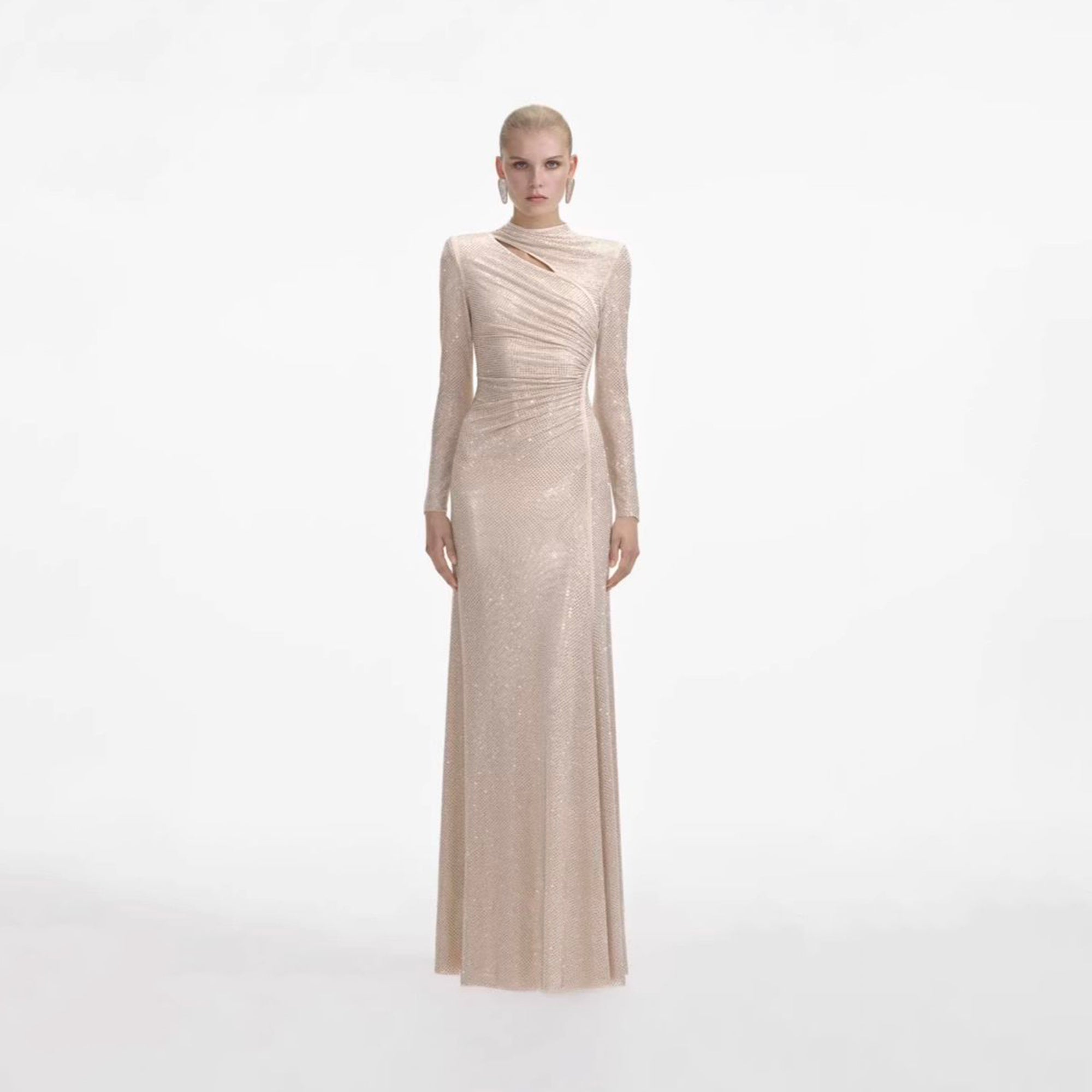 Abito lungo con cut-out in jersey di cristalli champagne