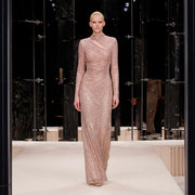 Champagne crystal-embellished cut-out jersey long dress