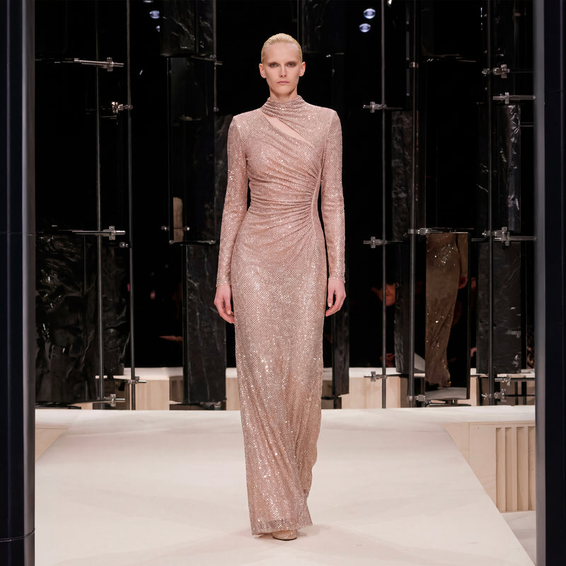 Abito lungo con cut-out in jersey di cristalli champagne