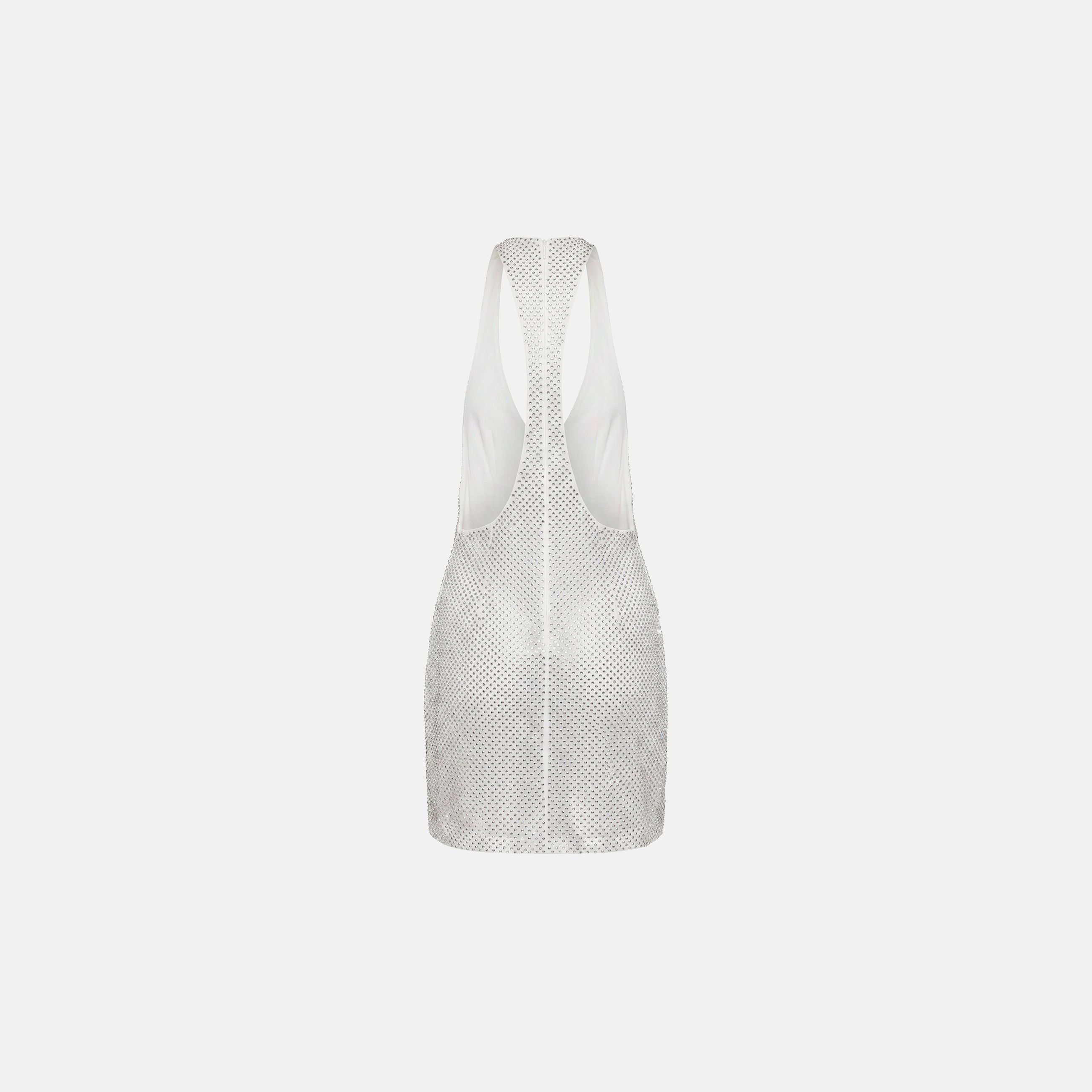 White crystal mesh V-neck mini dress