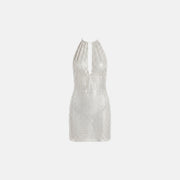 White crystal mesh V-neck mini dress