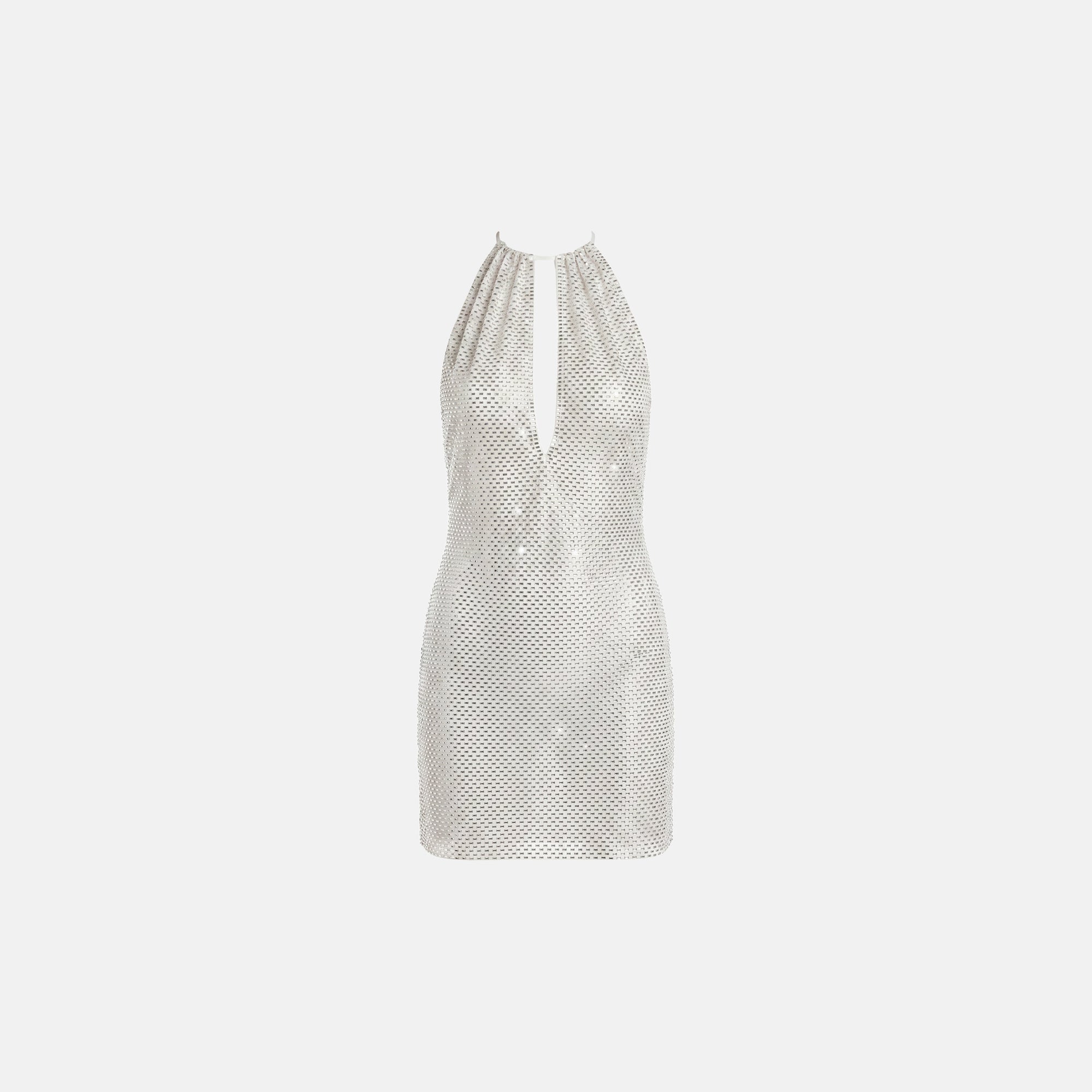 White crystal mesh V-neck mini dress