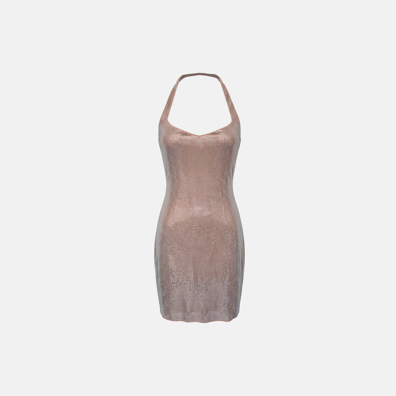 Mini abito con scollo a cuore in mesh di cristalli nude