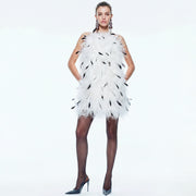 White ostrich feather halterneck mini dress