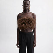 Brown ostrich feather bandeau top