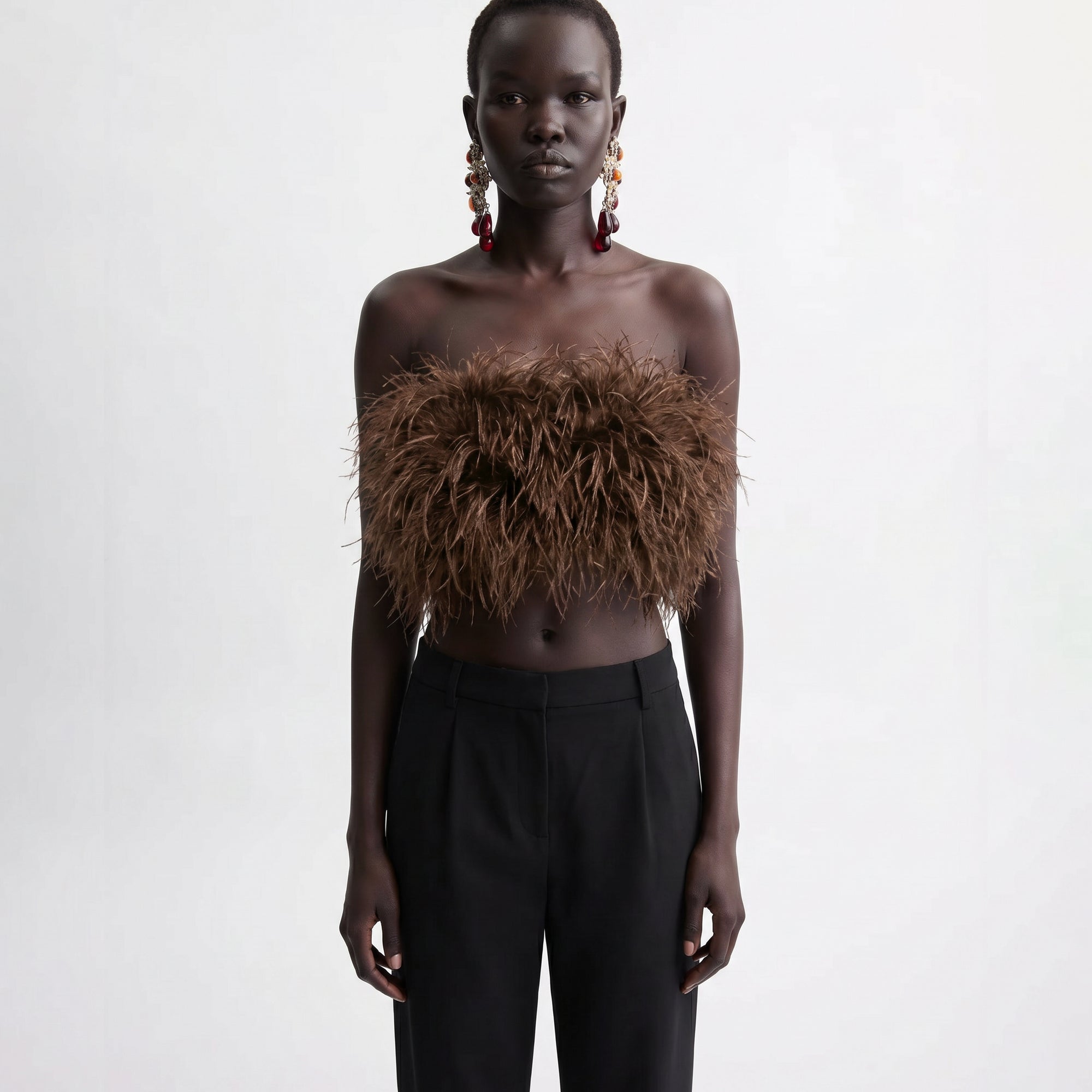 Brown ostrich feather bandeau top