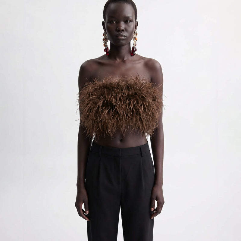 Brown ostrich feather bandeau top