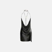 Black metallic knit deep-V mini dress