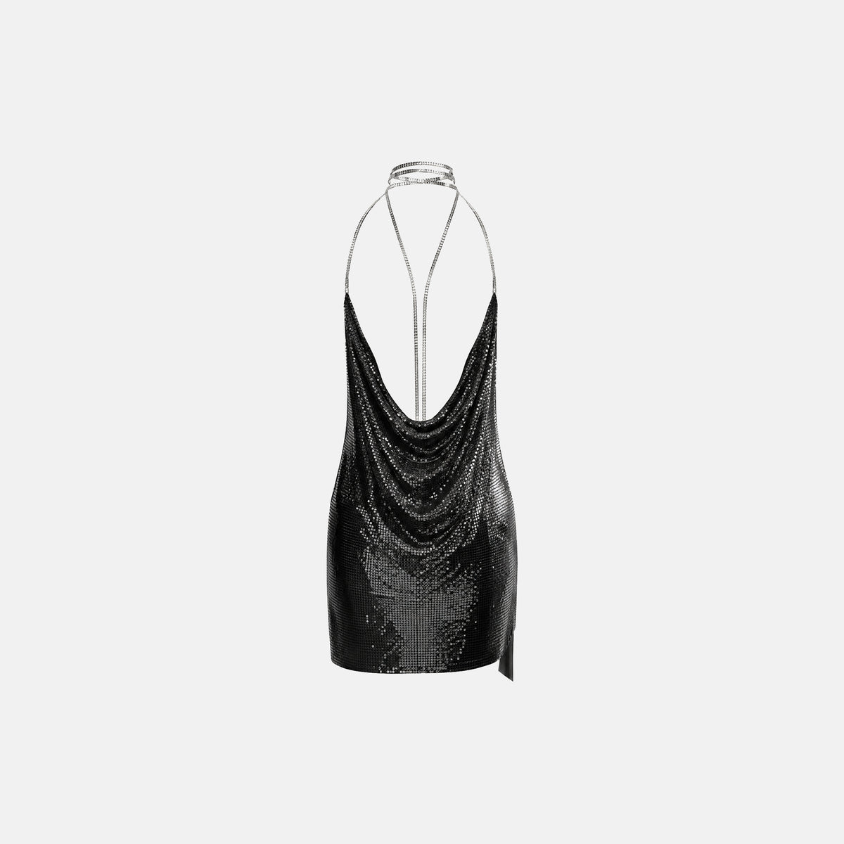 Black metallic knit deep-V mini dress