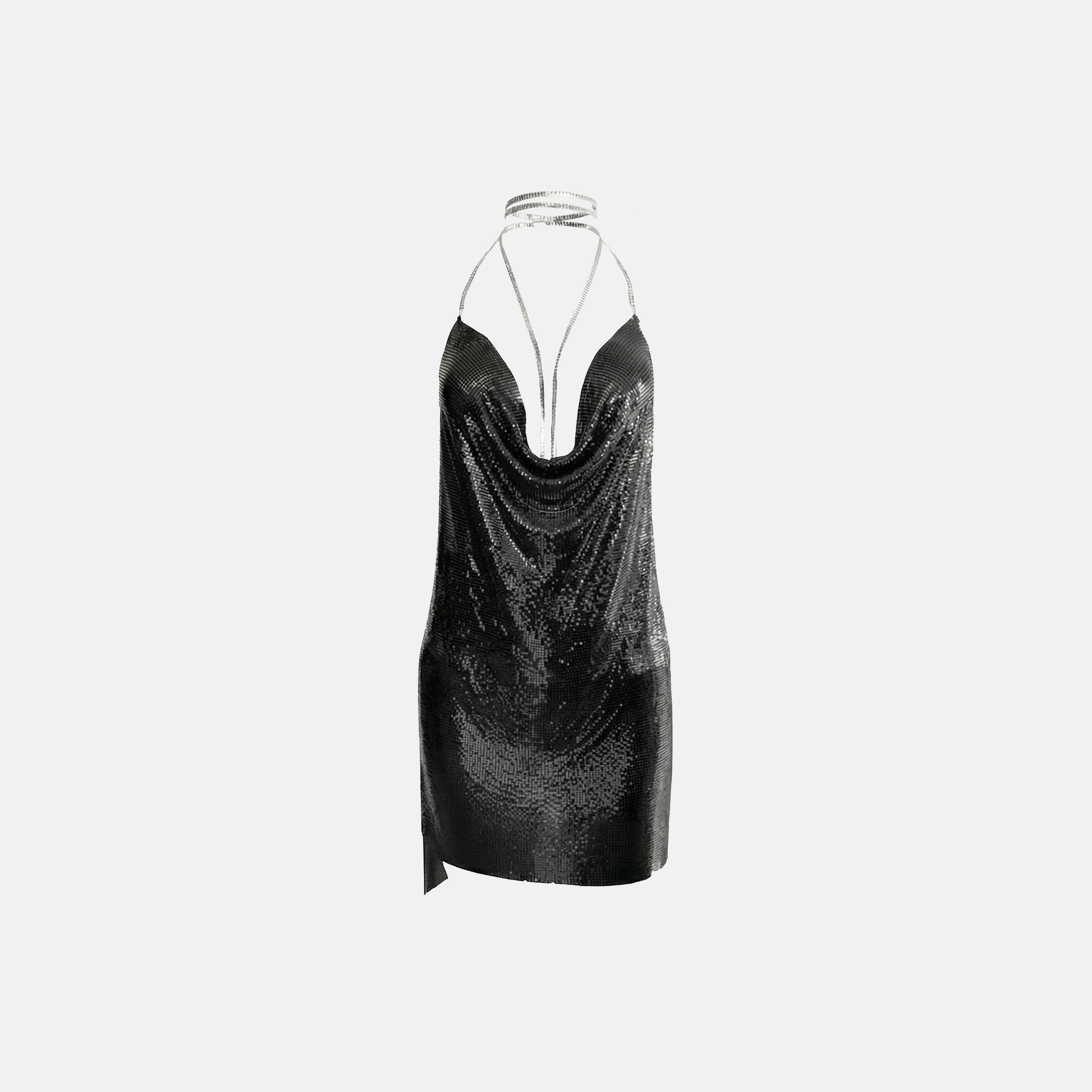 Black metallic knit deep-V mini dress