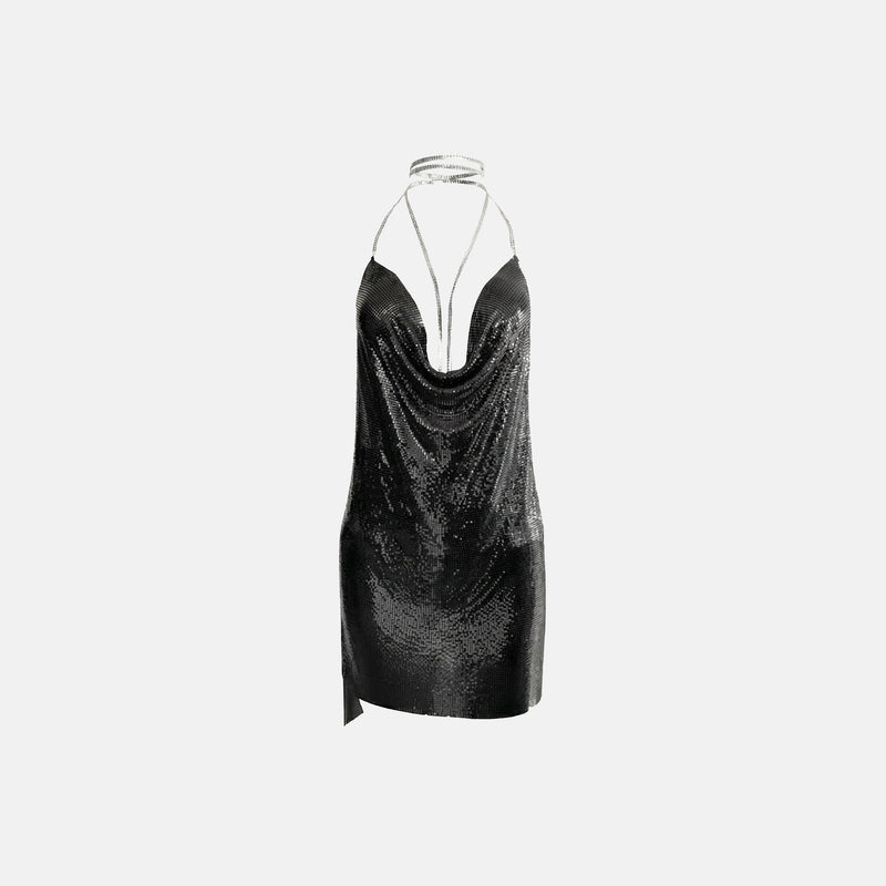 Black metallic knit deep-V mini dress