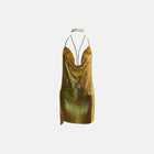 Mini abito con scollo profondo in maglia metallica oro