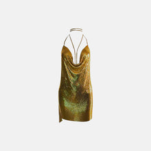 Mini abito con scollo profondo in maglia metallica oro