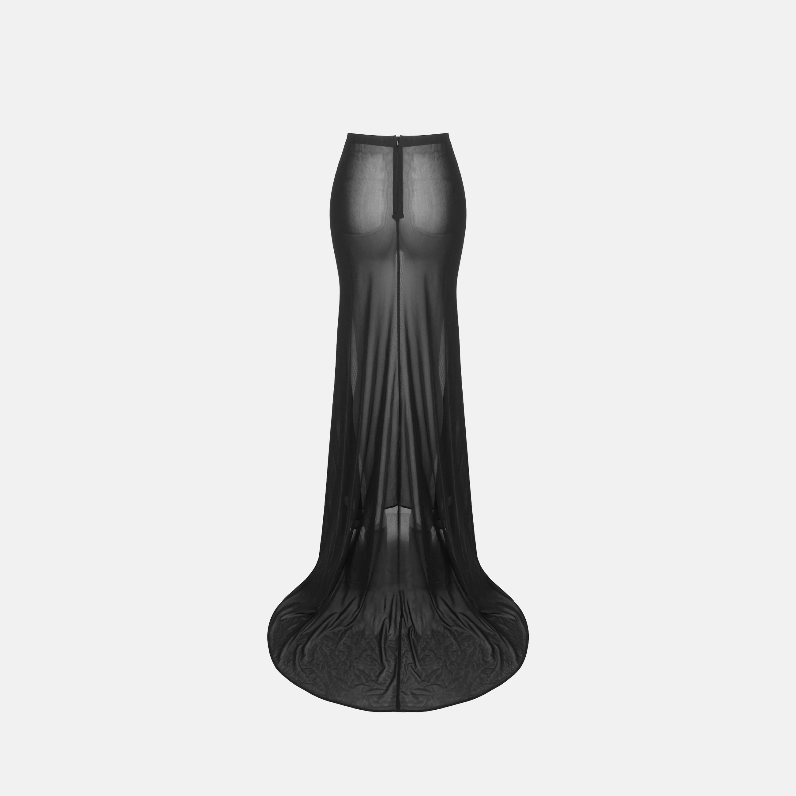 Gonna a strascico con trasparenze di colore nero