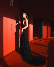 Black halter neck jersey silk evening dress